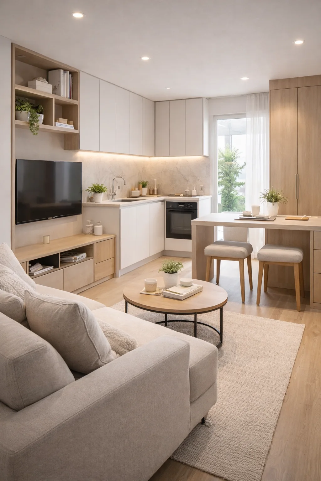 Apartamento compacto com cozinha, estar, painel de televisão e armazenamento integrados