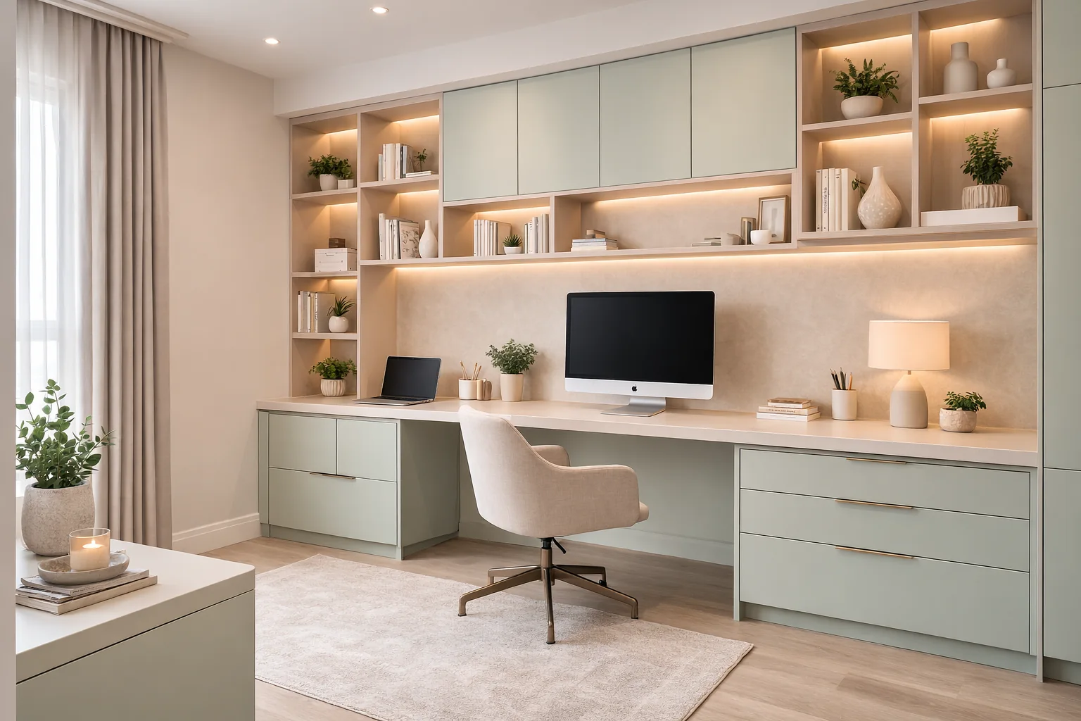 Home office com bancada, armários e prateleiras planejadas