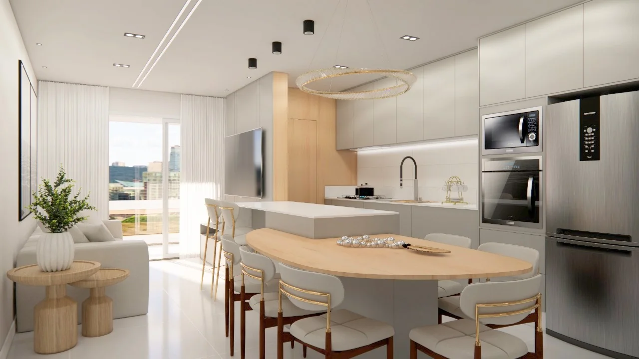Cozinha e living integrados com marcenaria planejada para organizar o apartamento novo