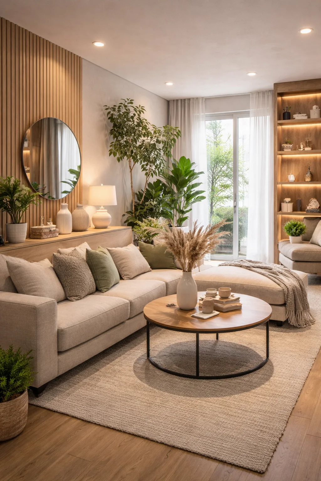 Living com painel ripado, nichos, plantas e luz natural em uma composição de tons acolhedores